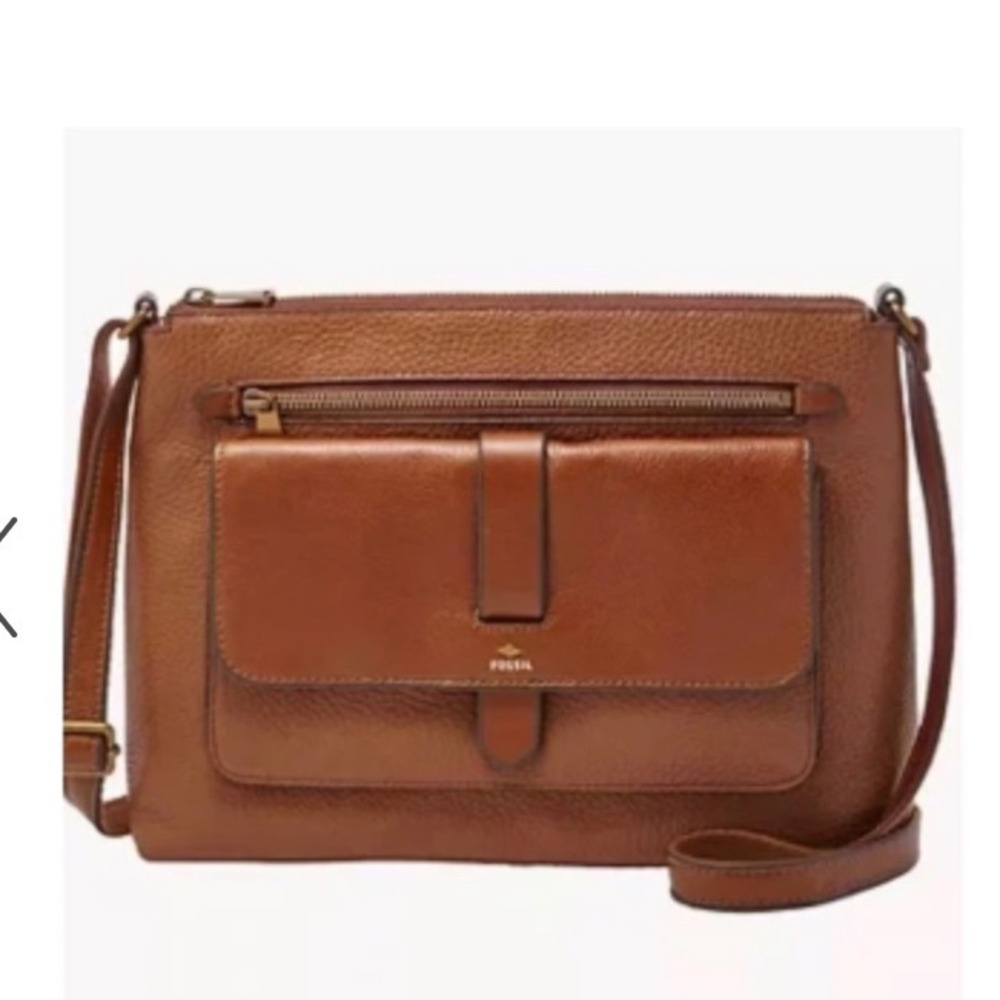 Fossil Tan Leather Crossbody Bag with Front Pocket